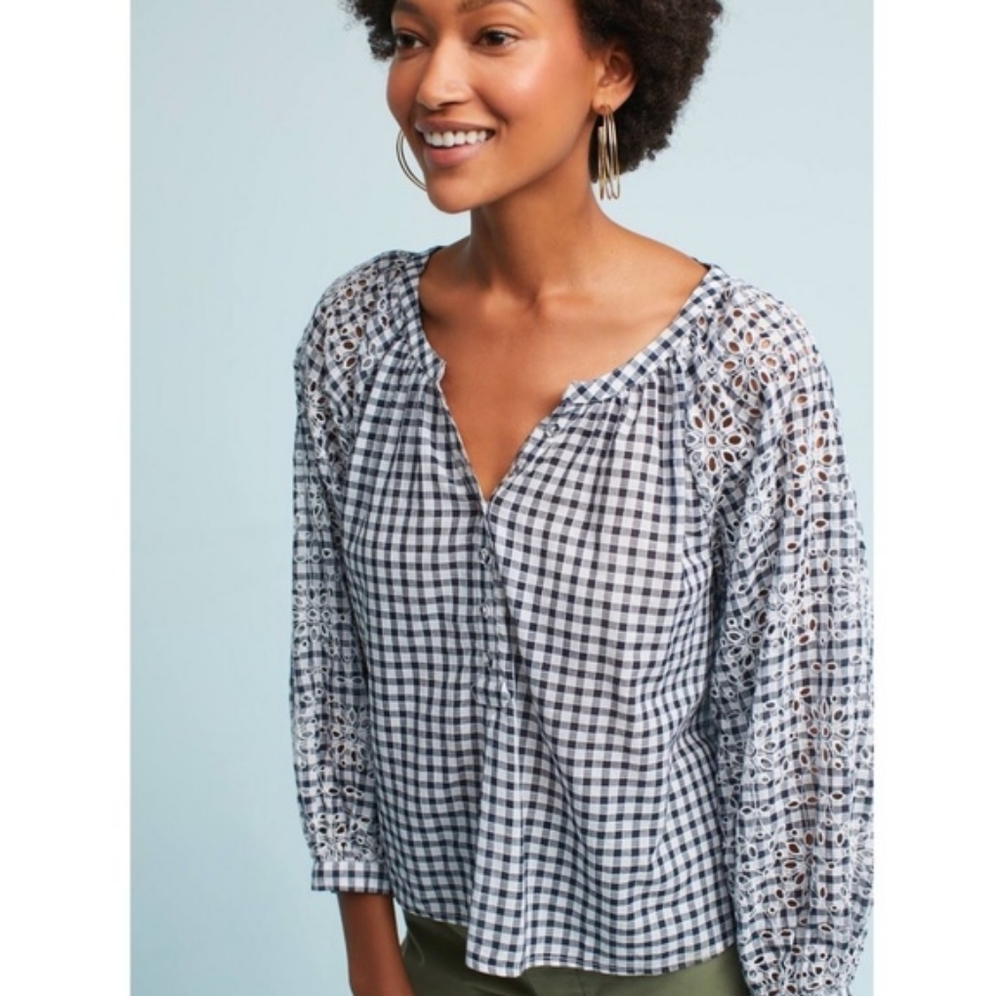 Anthropologie Akemi + Kin Presley Gingham Eyelet Top L Large